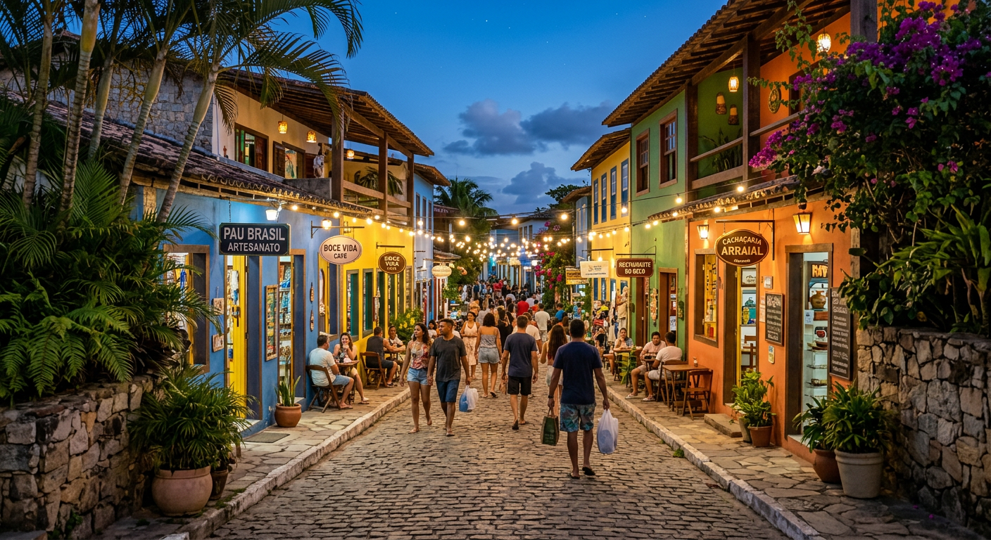 Rua do Mucugê em Arraial d'Ajuda com lojinhas e luzes no fim da tarde