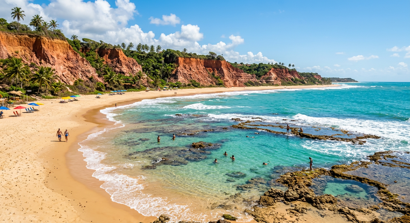Praia de Pitinga com falésias avermelhadas e piscinas naturais