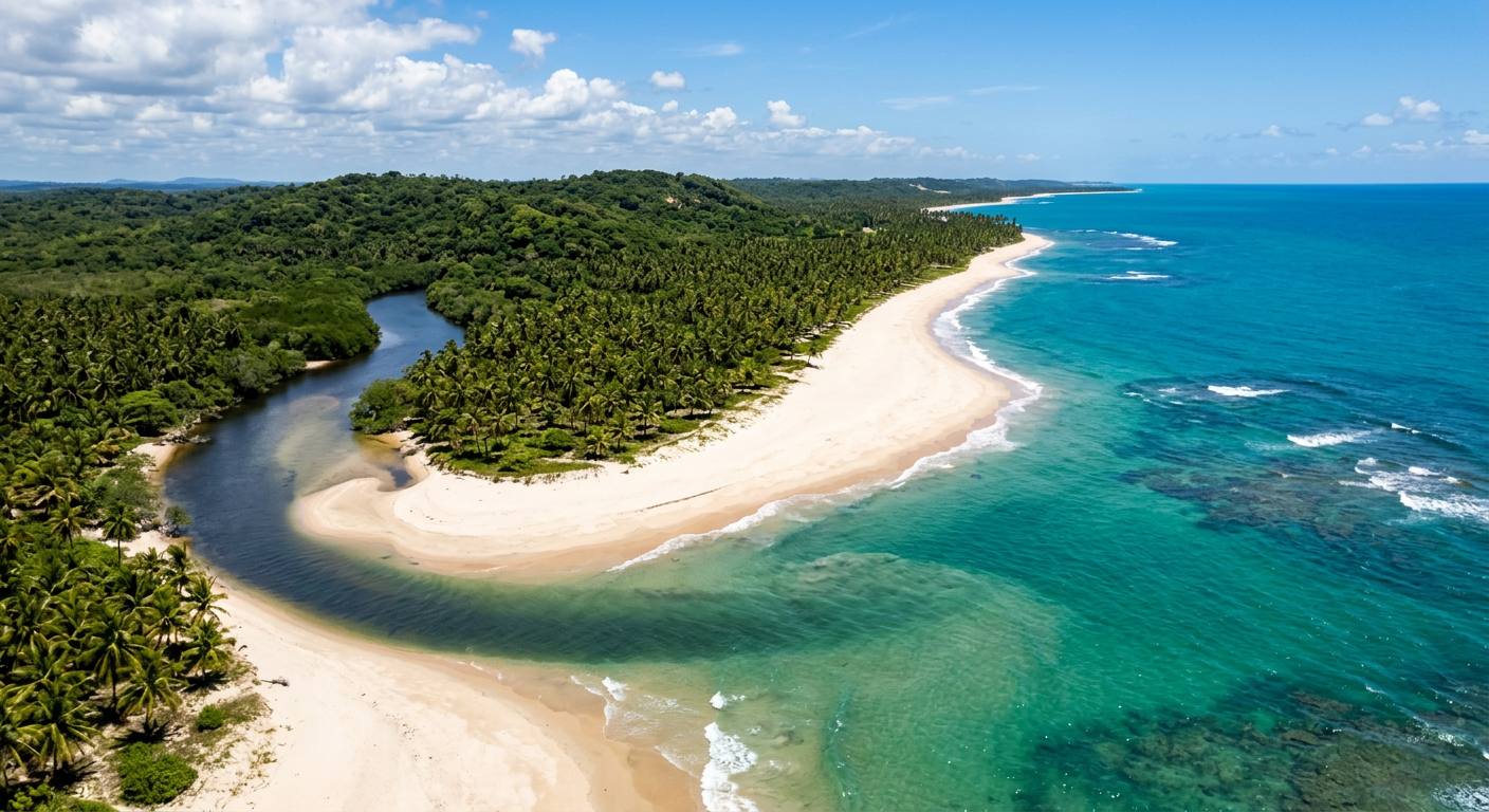 Vista aérea da praia deserta e da foz do rio em Boipeba
