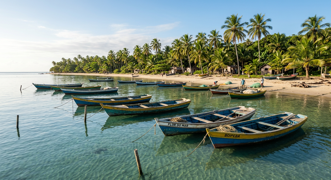 Barcos de pesca de madeira ancorados em água rasa e cristalina em Boipeba