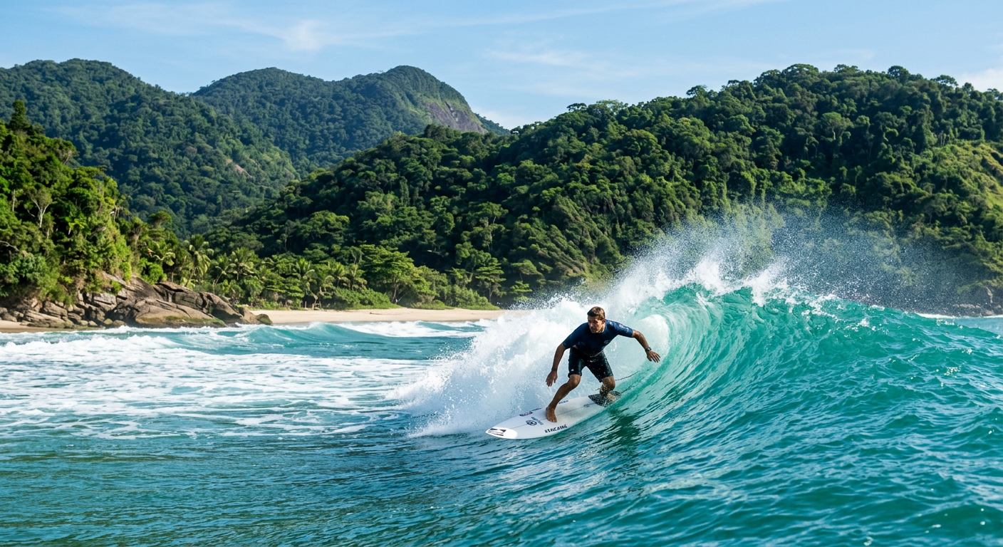 Surfista pegando onda na Prainha, em Itacaré, com a mata ao fundo