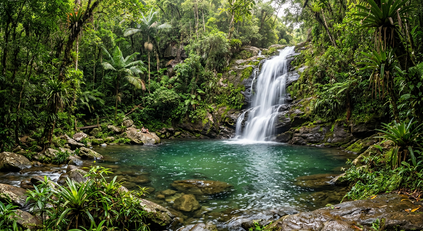 Cachoeira com piscina natural no meio da Mata Atlântica perto de Itacaré