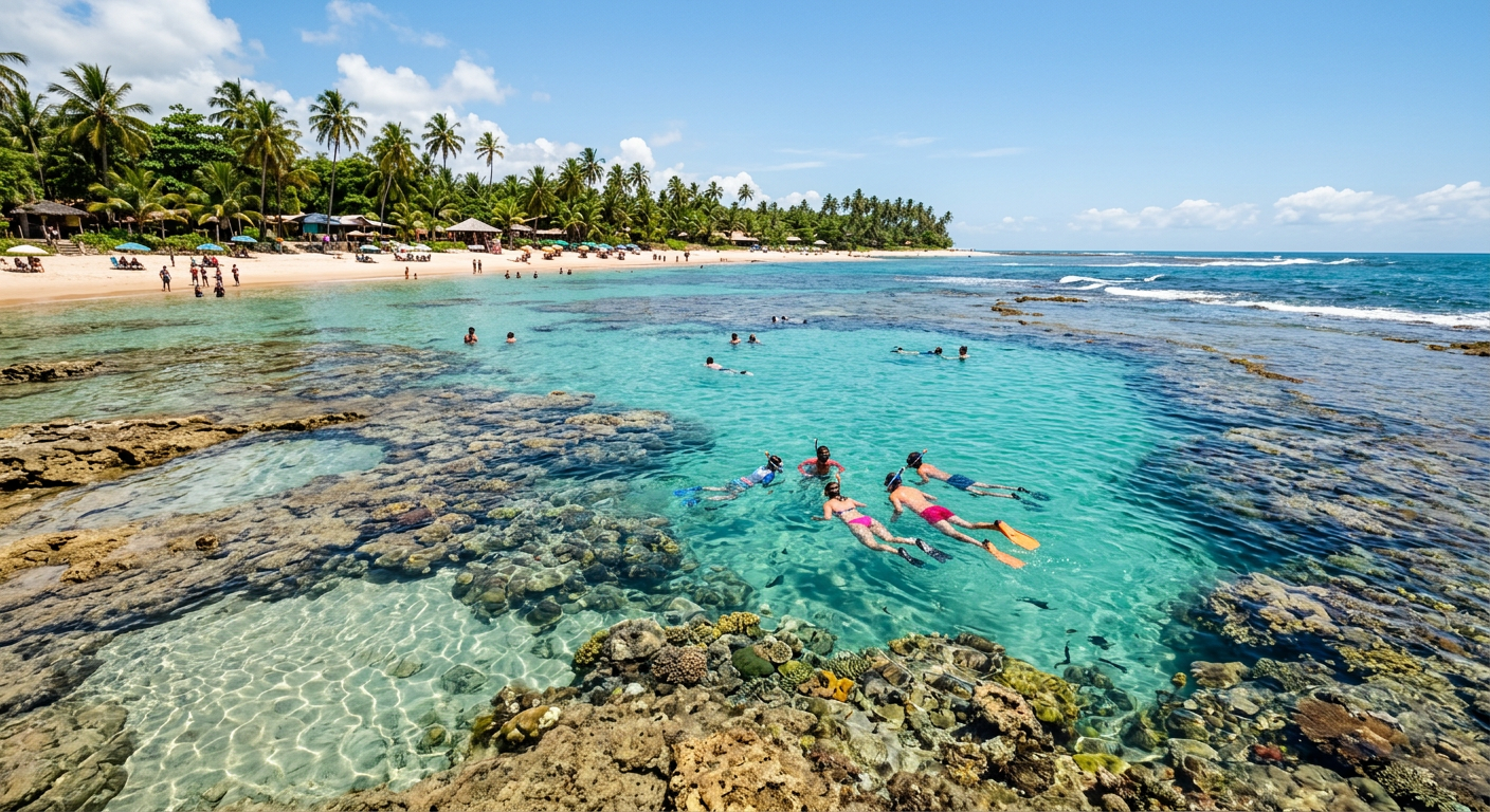 Piscinas naturais de Taipu de Fora na maré baixa, com pessoas mergulhando