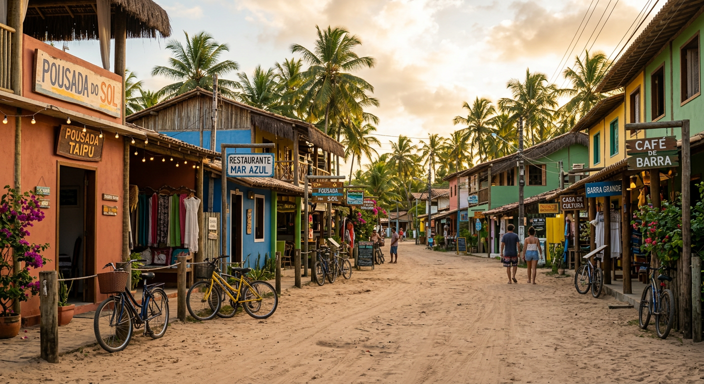 Rua de areia da vila de Barra Grande com pousadas coloridas e coqueiros