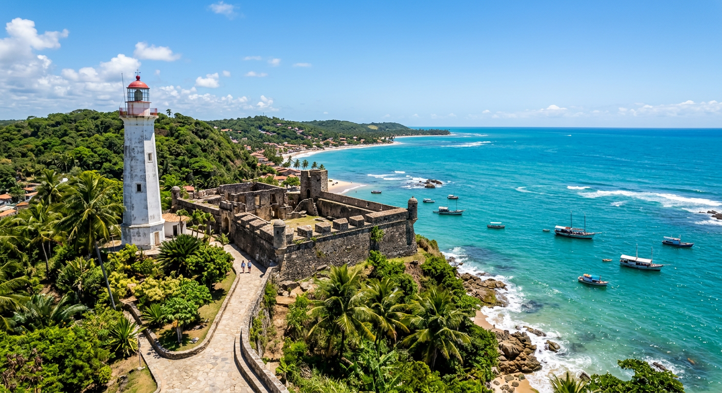 Farol e ruínas do forte de Morro de São Paulo de frente para o mar