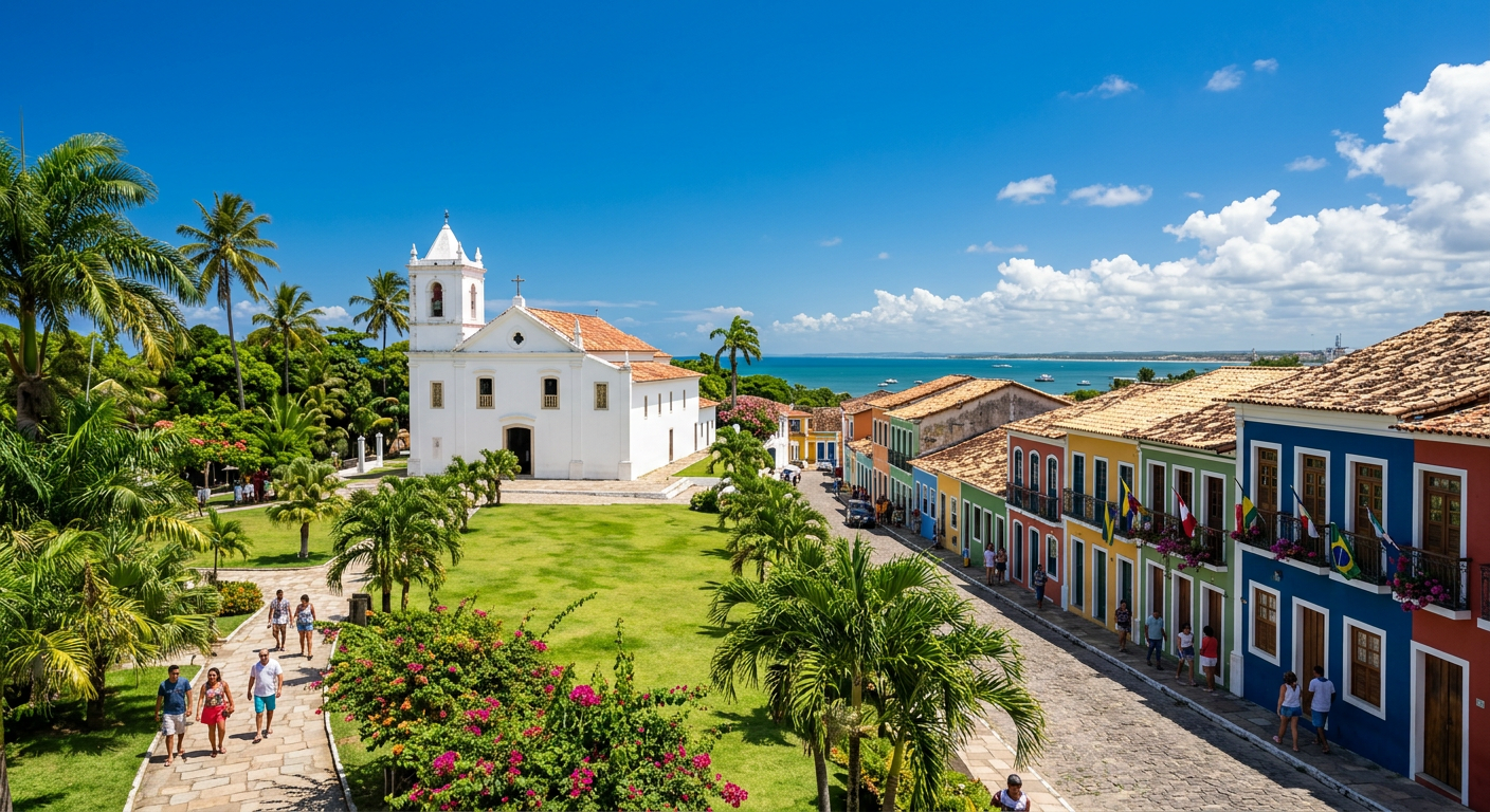 Casario colonial colorido e igreja na Cidade Histórica de Porto Seguro