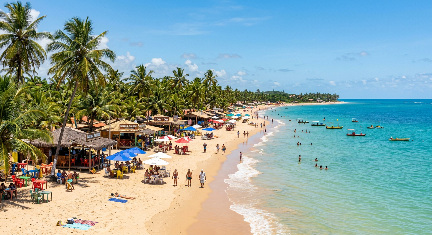 Praia de Taperapuã com mar calmo, coqueiros e barracas