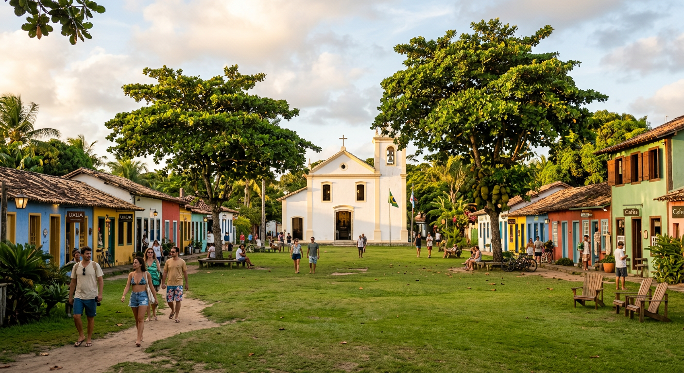 O Quadrado de Trancoso com casinhas coloridas e a igreja de São João Batista