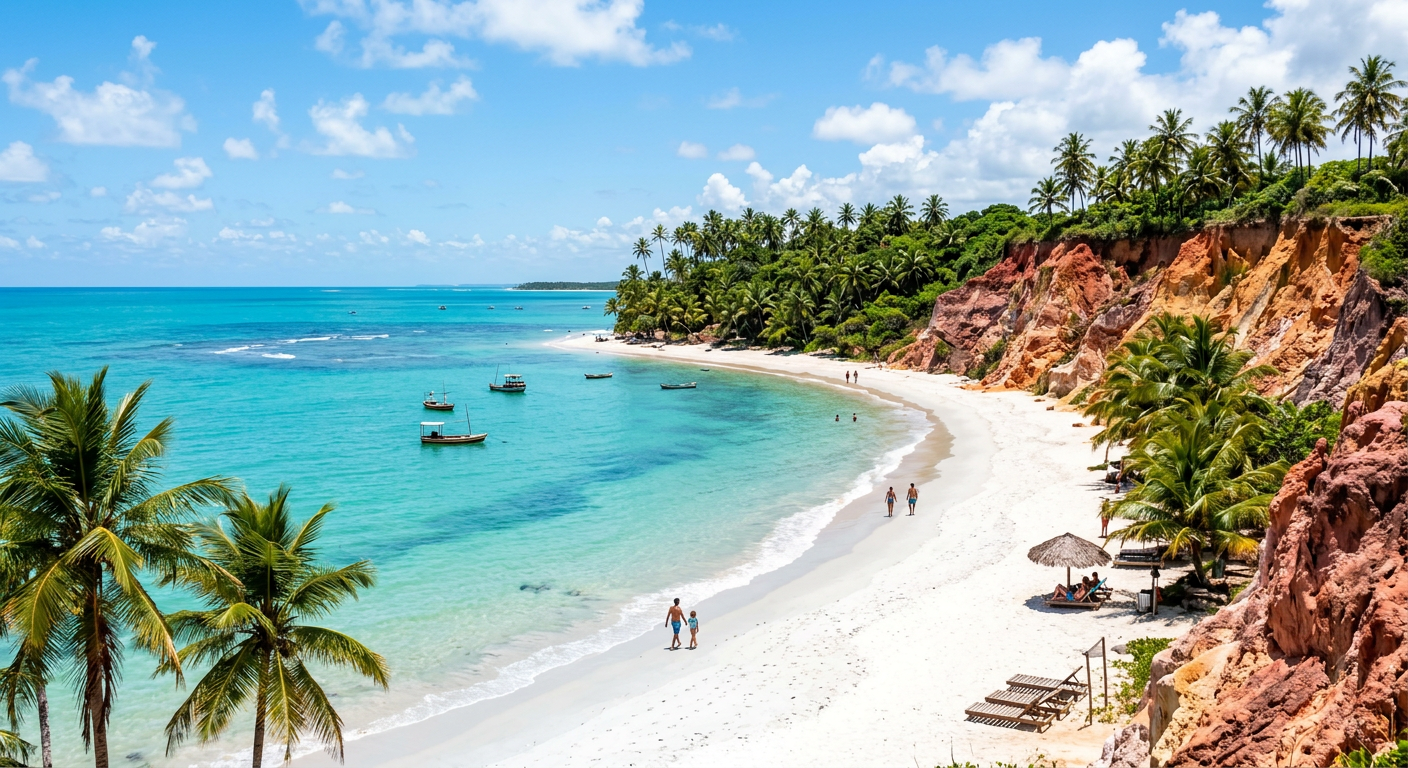 Praia do Espelho com água cristalina e falésias coloridas