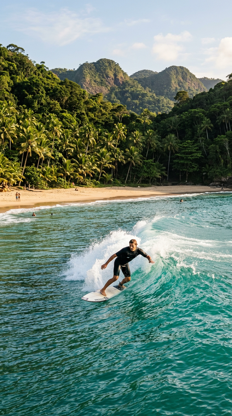 Enseada de Itacaré cercada por Mata Atlântica com surfistas no mar